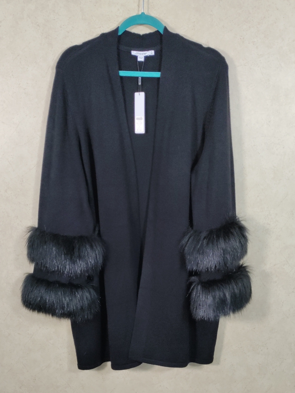 J160 Chico's Travelers Black Furr Cuff Detail Cardigan Sweater Jacket 4 XXL NWT